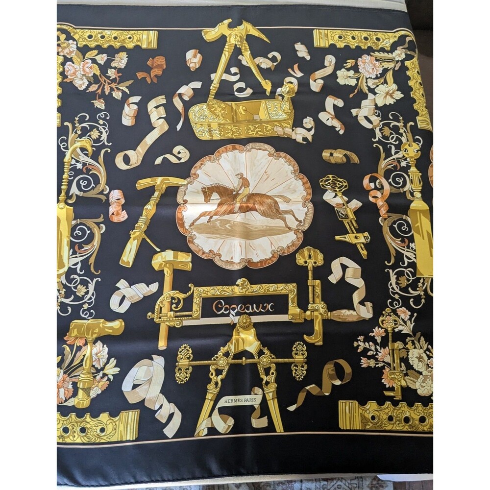 HERMES COPEAUX Navy Cream Carmel Silk Scarf Authentic 34X34